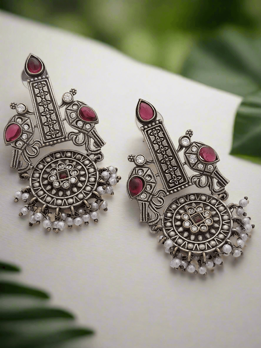 Oxidized Peacock motif long earrings - Mirae