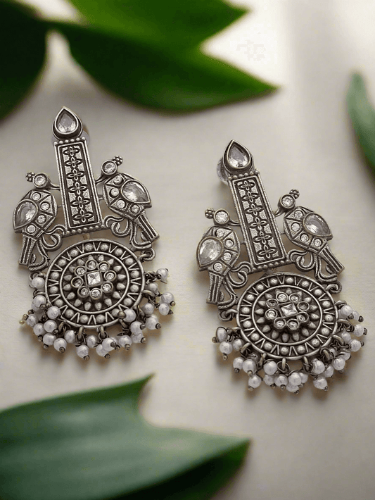 Oxidized Peacock motif long earrings - Mirae