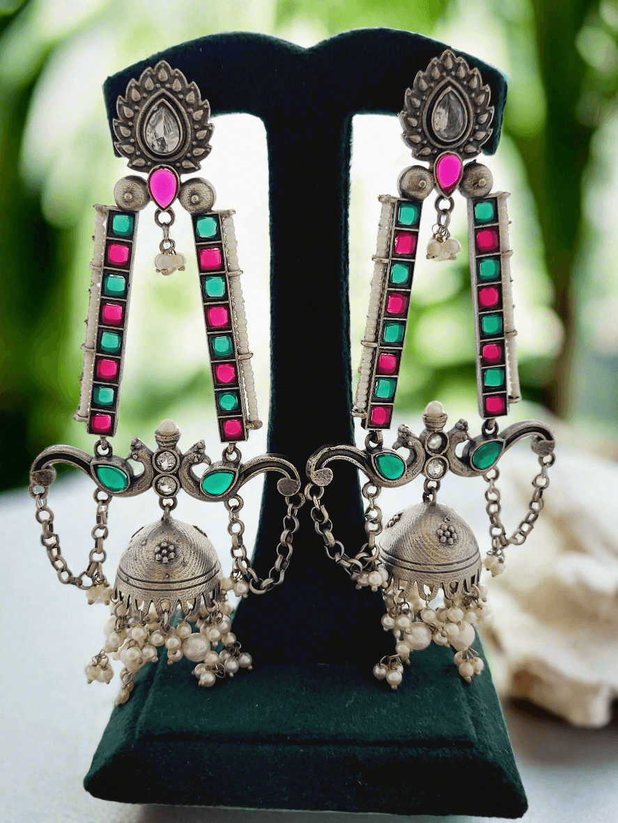 Oxidized Silver Jhumka Earrings with Enamel and Pearl Drops - Mirae