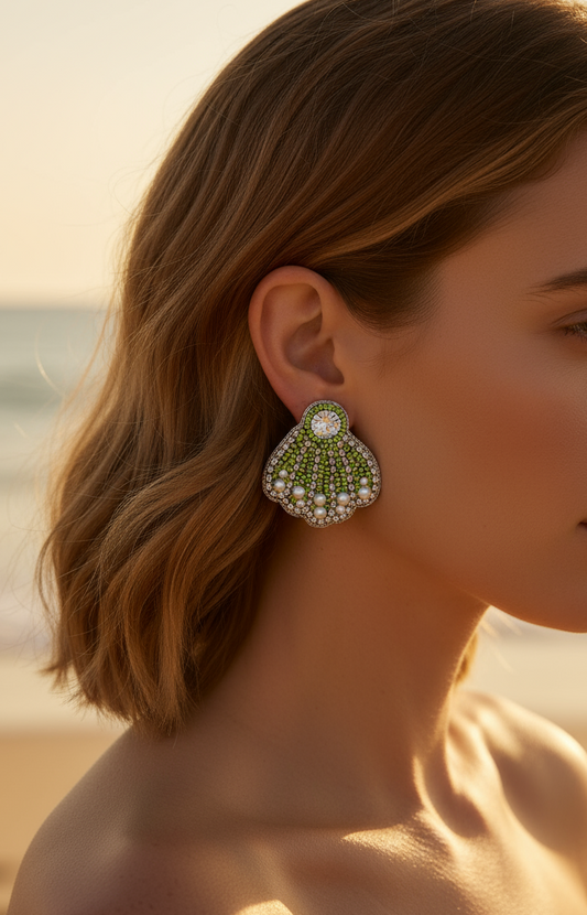 Seashell Beaded Stud Earrings with Pearls and Crystal Accents