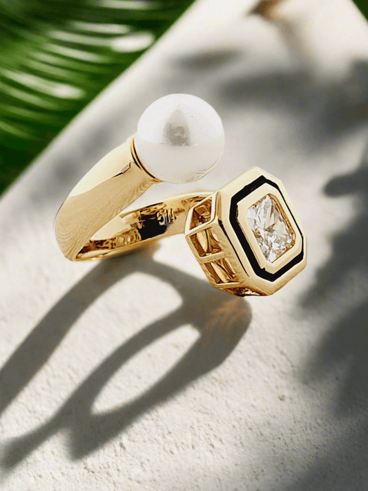 Geometric Crystal & Pearl Open Ring - Mirae