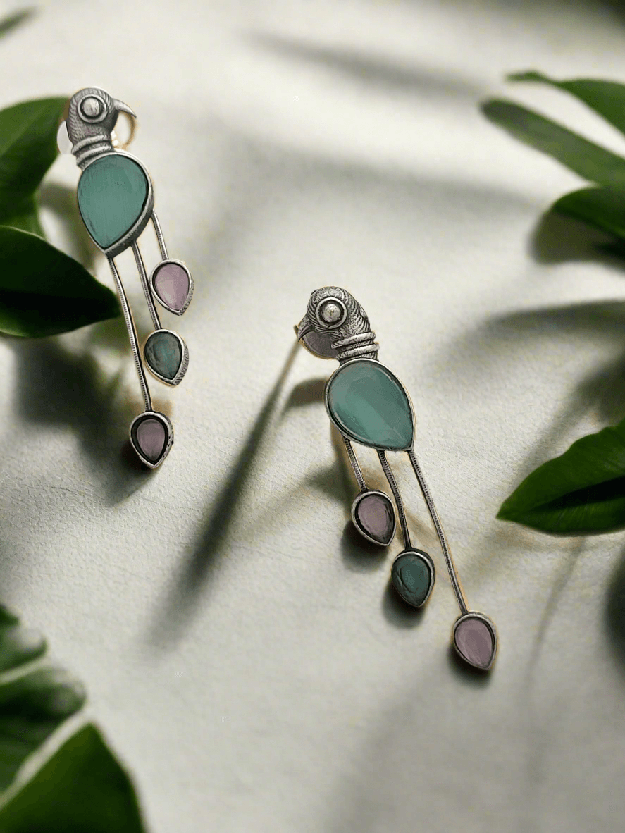 Oxidized parrot motif stick earrings - Mirae