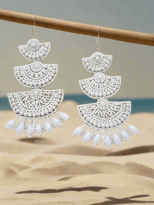 Off-White Beaded and Sequined Layered Chandbali Earrings - Mirae