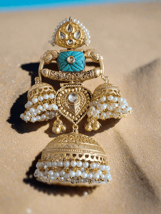 Gold-Toned Big Dome Jhumka Earrings with Turquoise Accents and Pearl Drops. - Mirae
