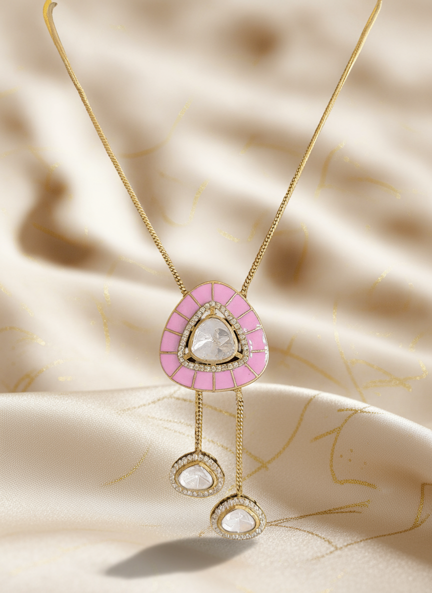 Pink enamel Lariat necklace & earring set