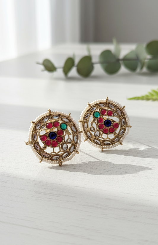 Colorful Polki Stone Round Stud Earrings