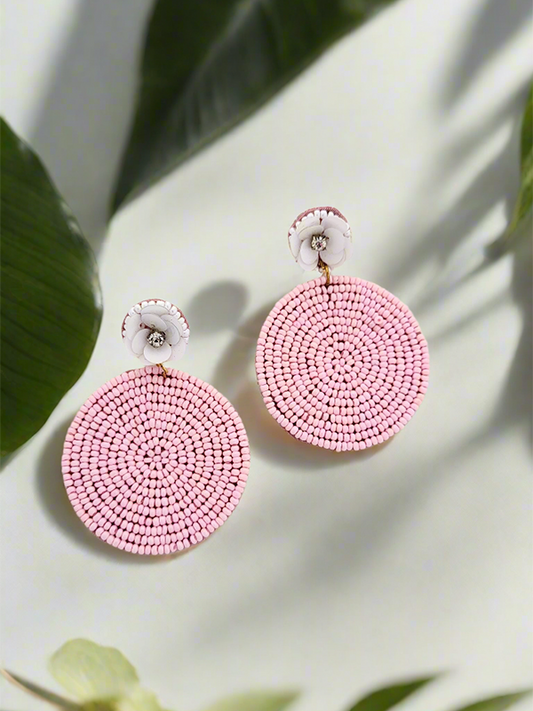 Beaded Circle Earrings with White Flower Accents