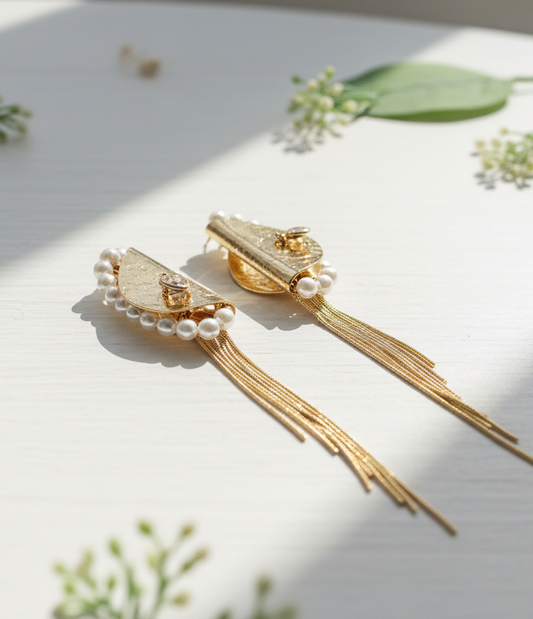 Lunar Cascade Gold & Pearl Tassel Earrings