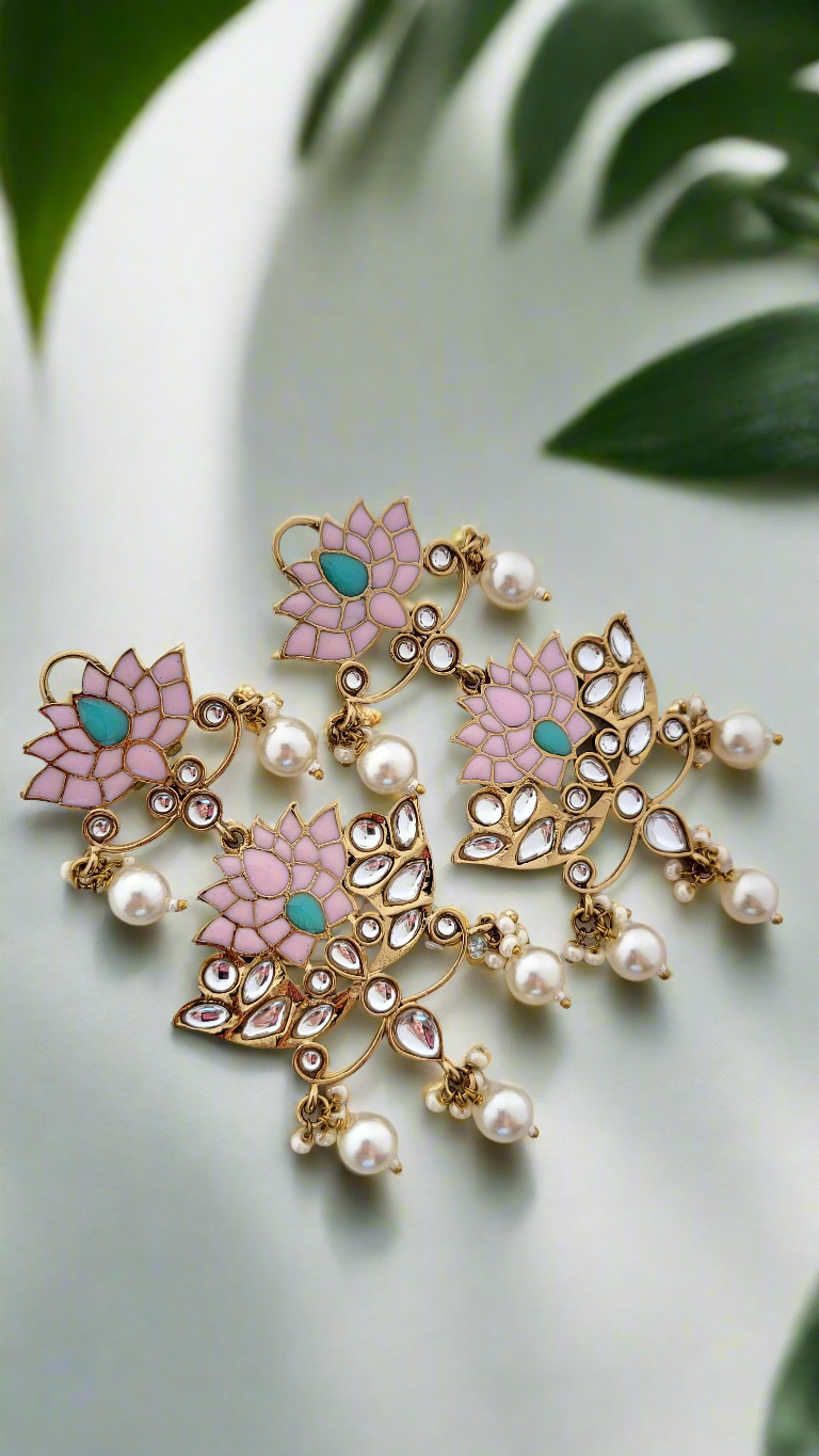 Pink Lotus Kundan Pearl Drop Earrings
