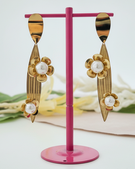 Gold Leaf and Floral Pearl Drop Earrings
