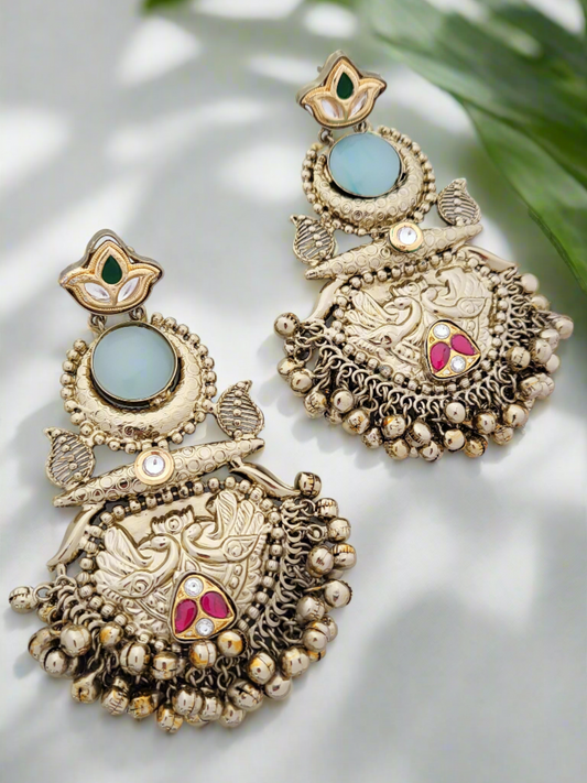 Antique Gold-Toned Peacock Dangle Earrings