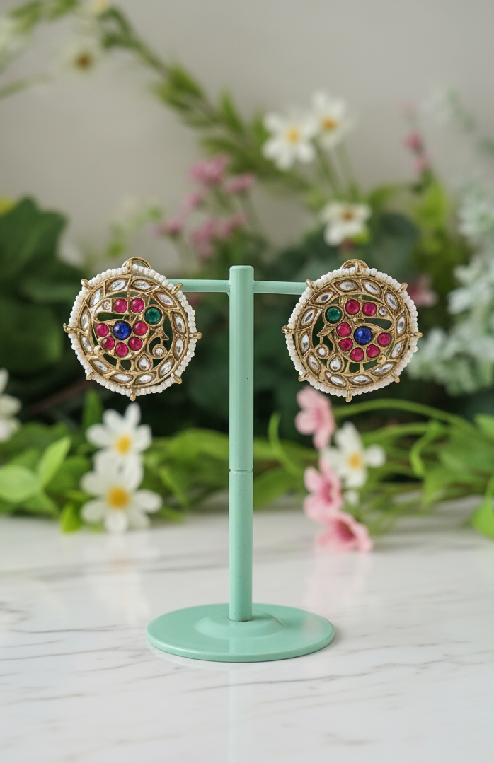 Colorful Polki Stone Round Stud Earrings