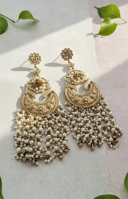 Grand Antique Gold Chaandbali Jhumka Earrings with Pearl Tassels