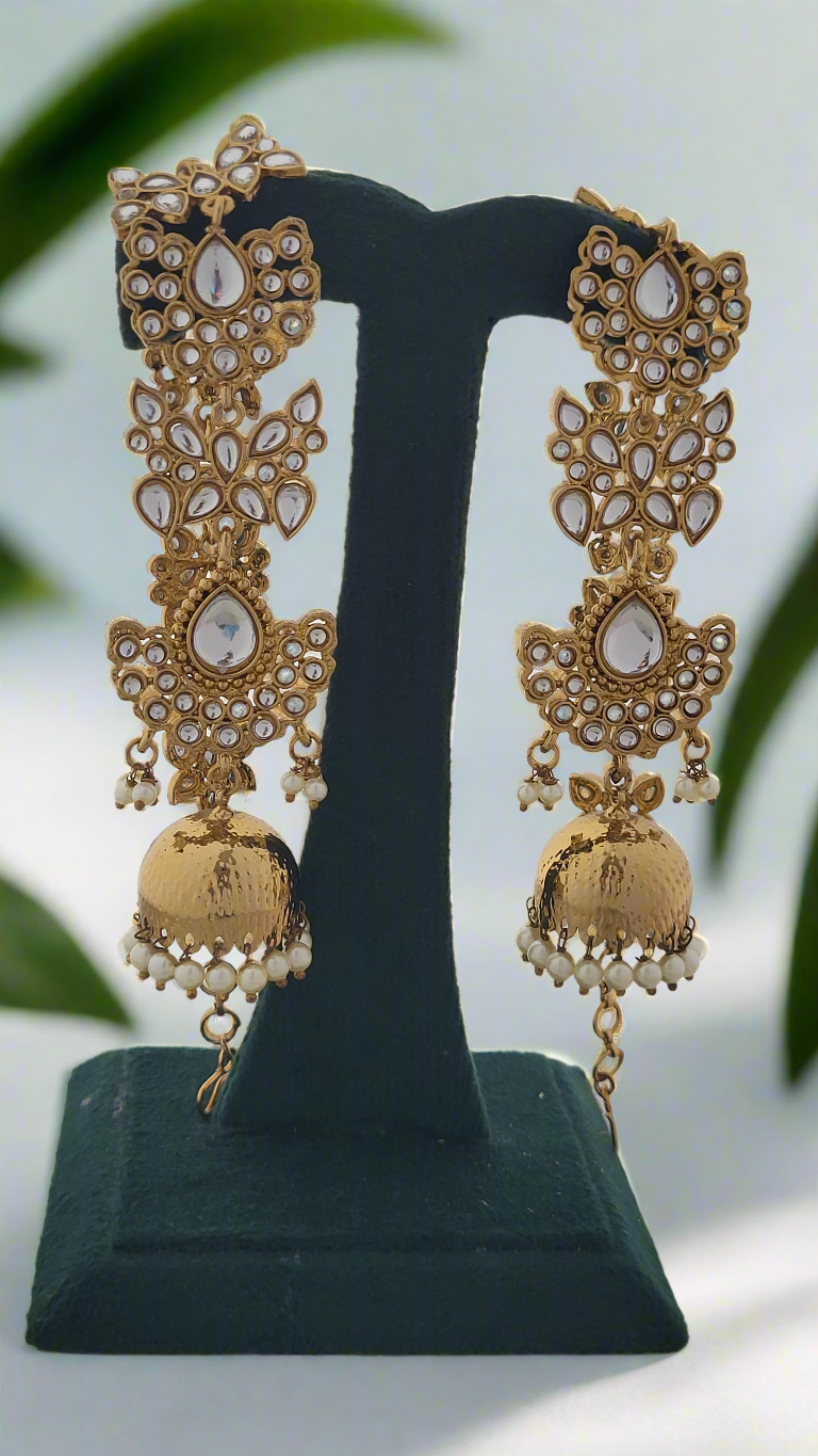 Sparkling Polki Stone Kaan Chain & Jhumka Danglers