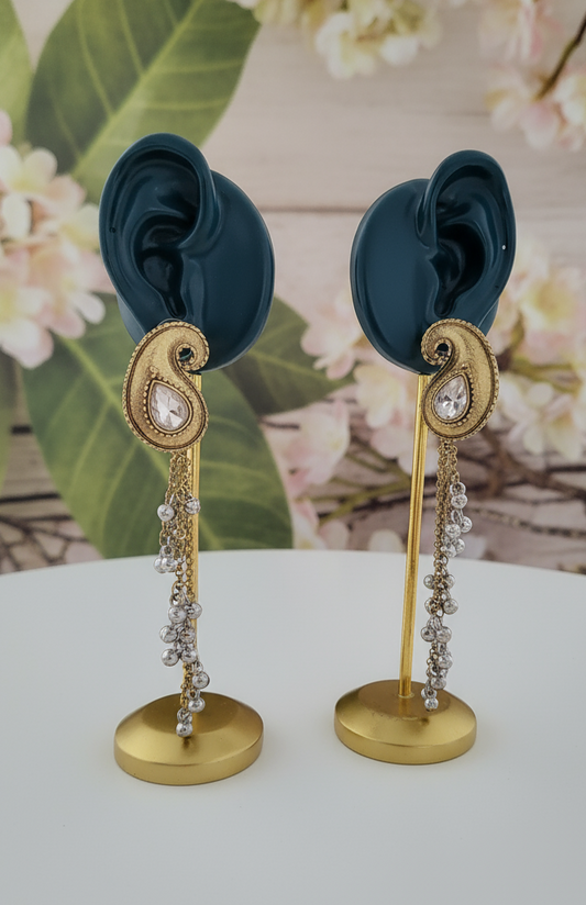 Antique Gold Paisley & Mixed Metal Ghungroo Chain Earrings