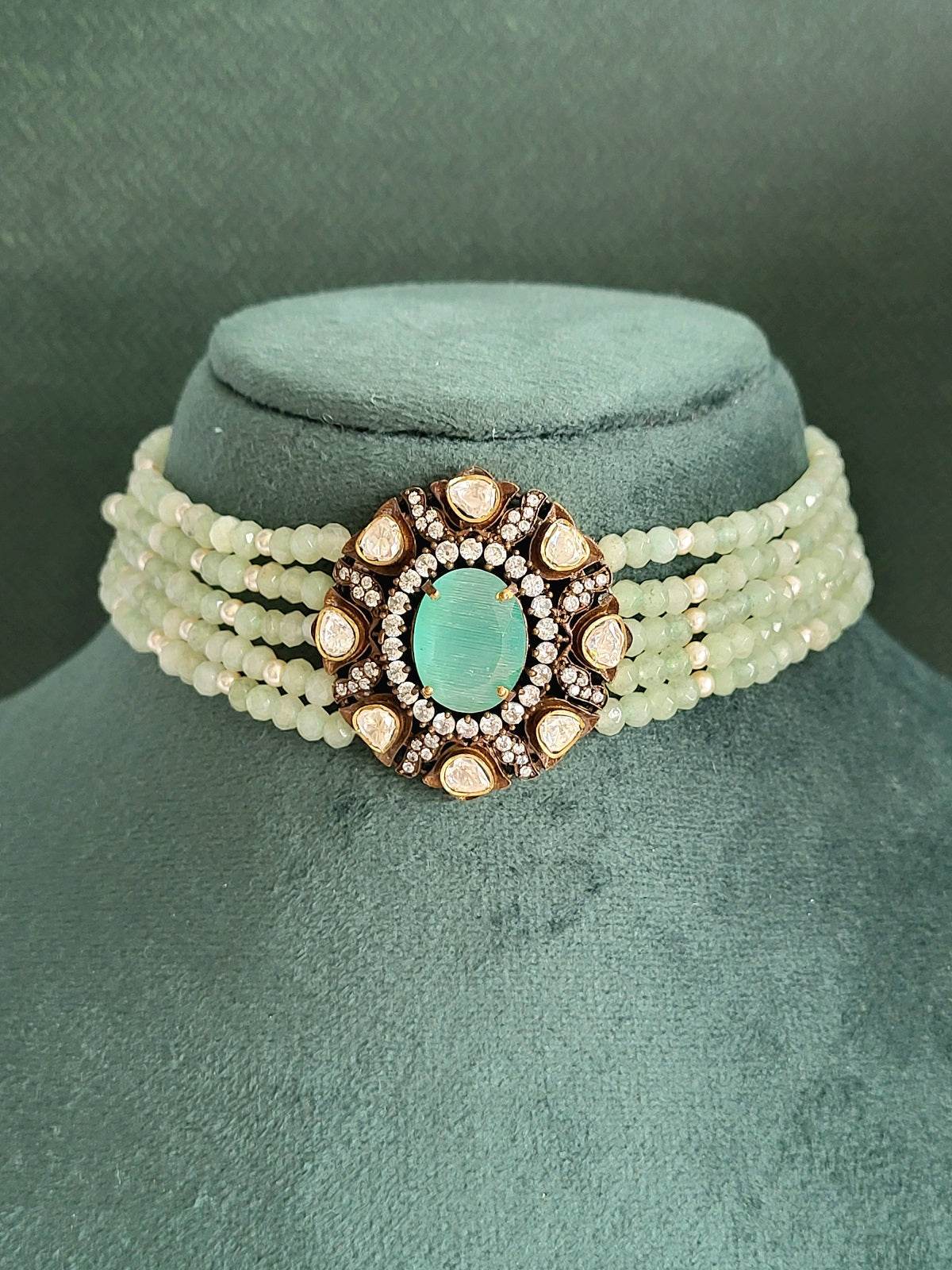 Regal Victorian Style Choker Set with Mint and Pearl Strands - Mirae 