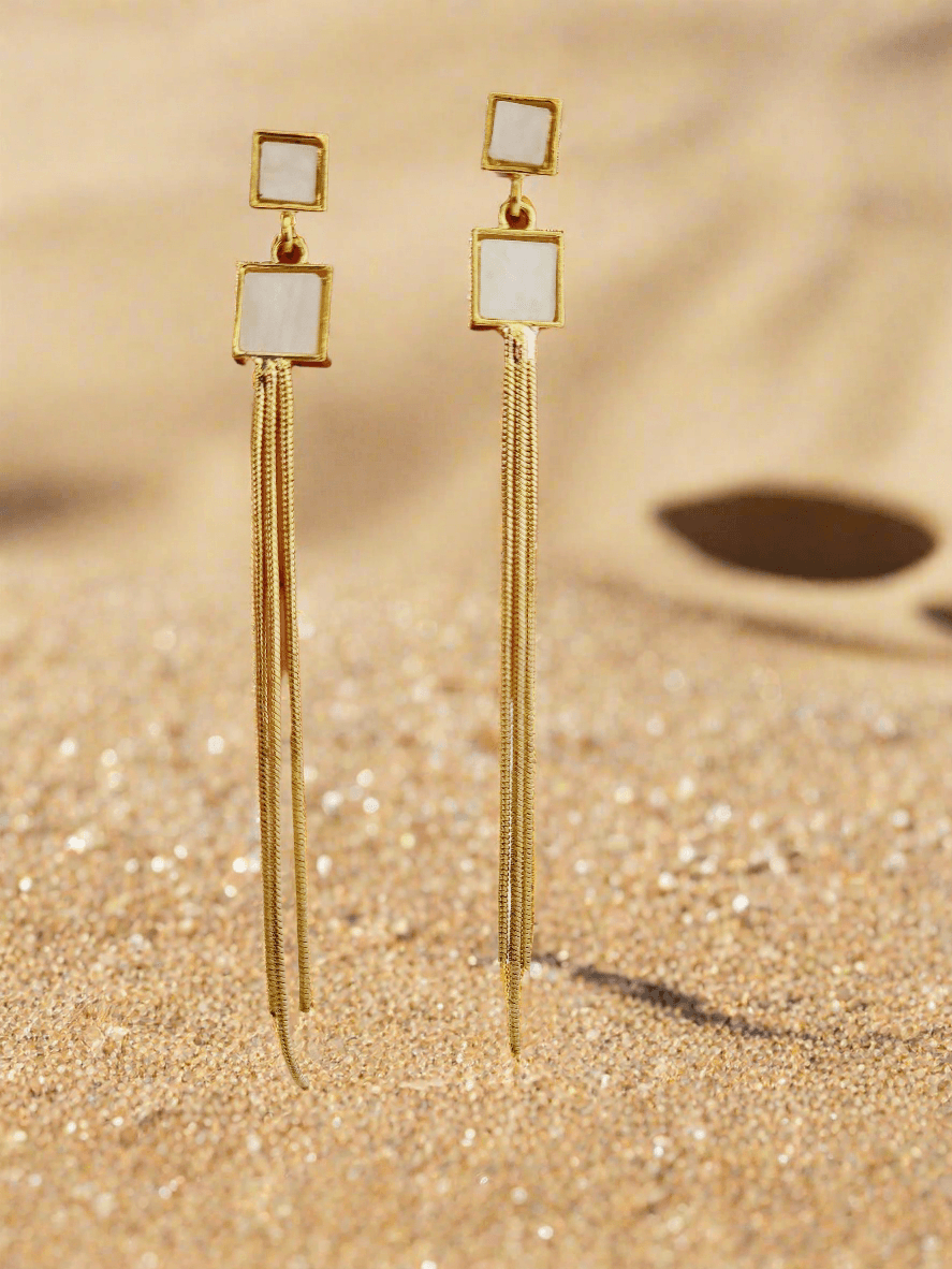 Morden & Chic geometric white stone & chain dangle earrings - Mirae 