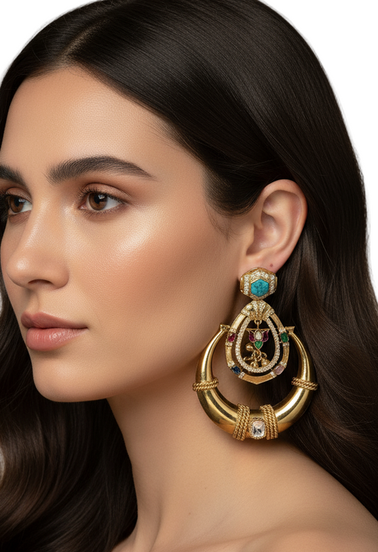 Gold-Toned Hoop Earrings with Turquoise and Multicolored Stone Accents
