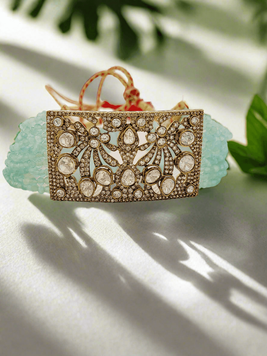 Regal Victorian Design Rectangular Choker Set with Mint Bead Strand - Mirae 