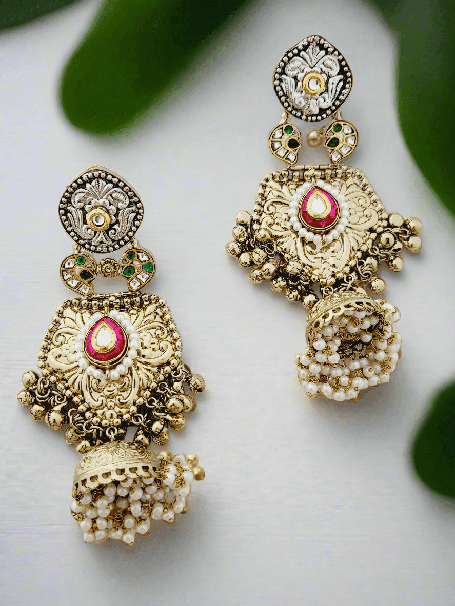 Antique Gold Plated Jhumka Earrings with Enamel and Pearl Drops - Mirae 