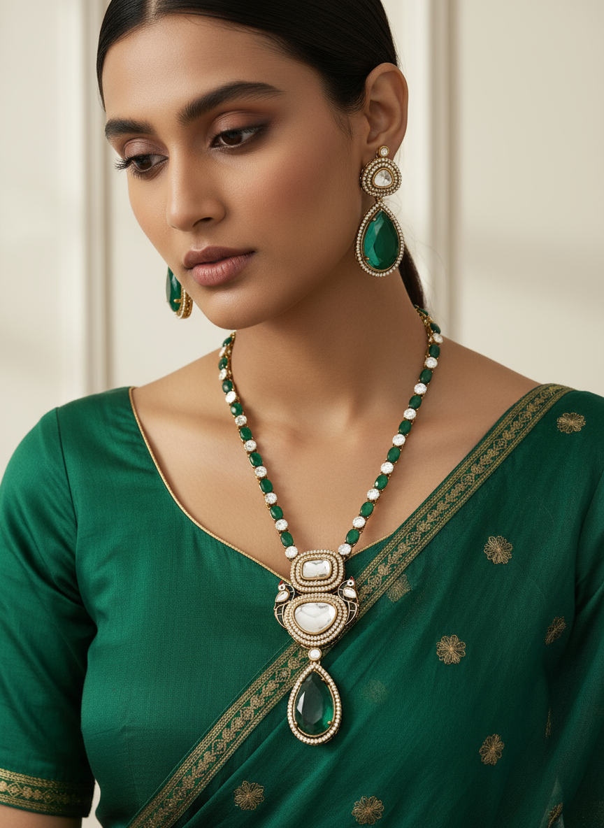 Regal Polki and Emerald Necklace Set - Statement Elegance