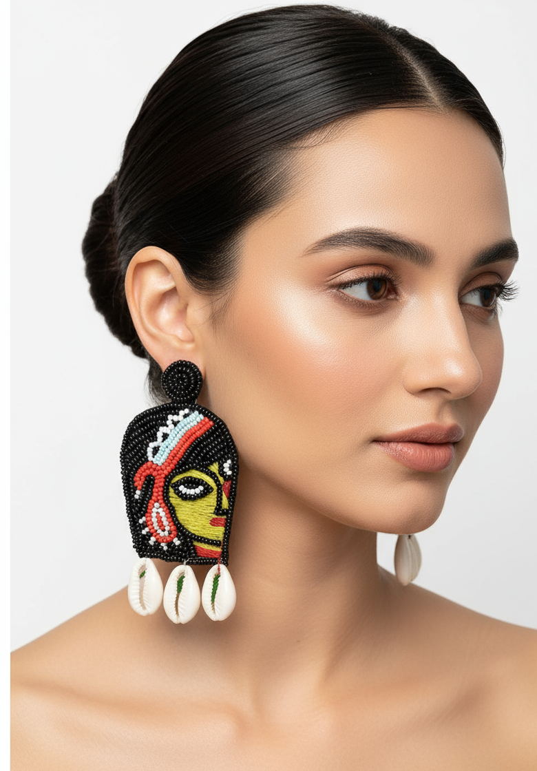 Durga Maa Beaded Earrings with Cowrie Shells