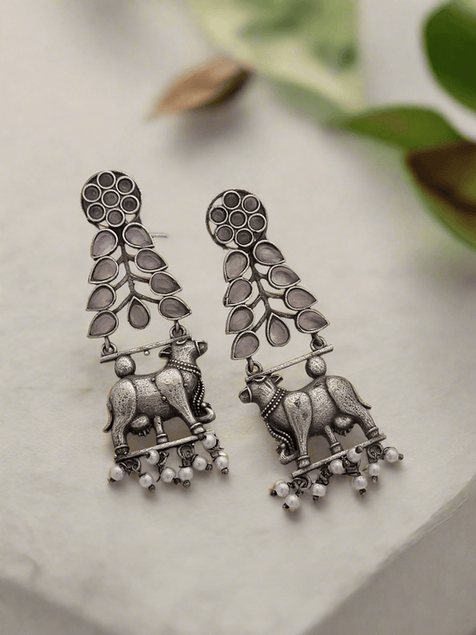 Oxidized cow & leaf dangle earrings - Mirae 