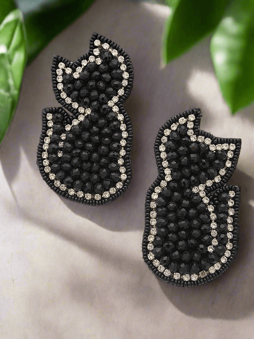 Cat Silhouette Beaded Earrings with Crystal Accents - Mirae 