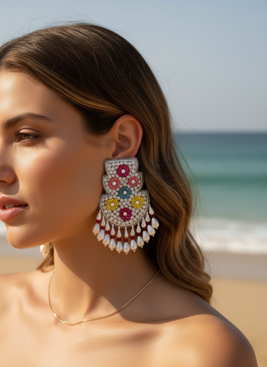 Beaded Chandbali Earrings with Floral Accents and Pearl Drops