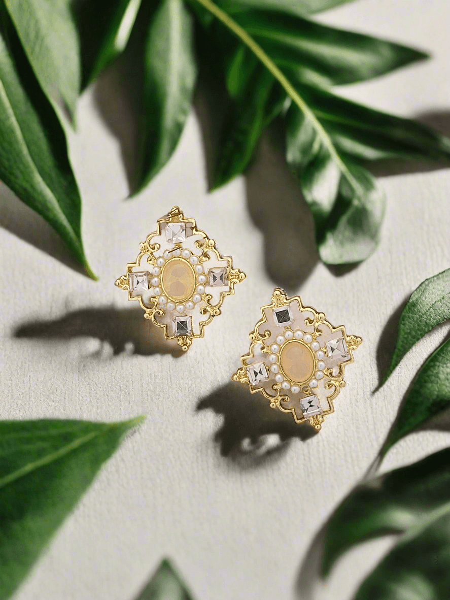 Elegant and ornate vintage inspired crystal & pearl studs - Mirae 
