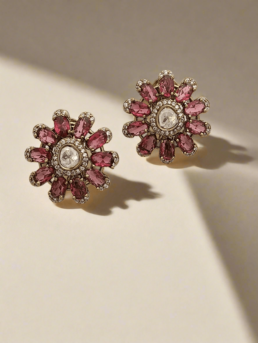 Pink tourmaline studs with Mossonite in antique finish - Mirae 