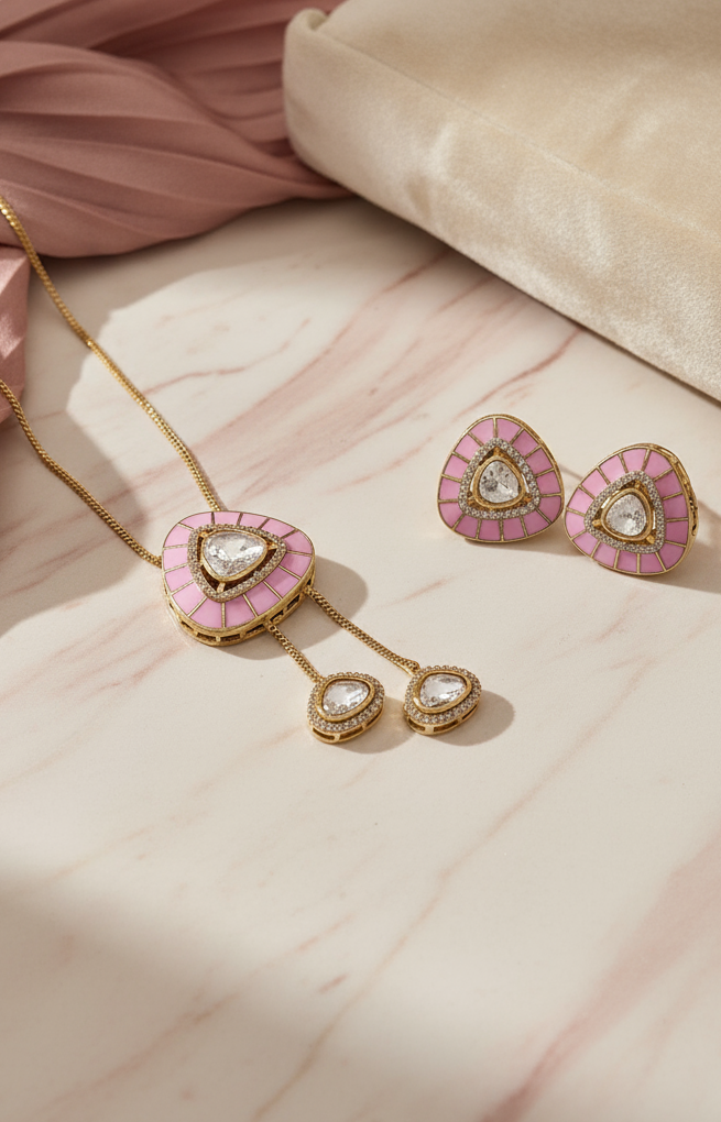 Pink enamel Lariat necklace & earring set