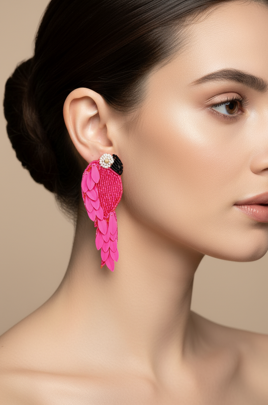 Pink Parrot Beaded & Sequined Drop Earrings