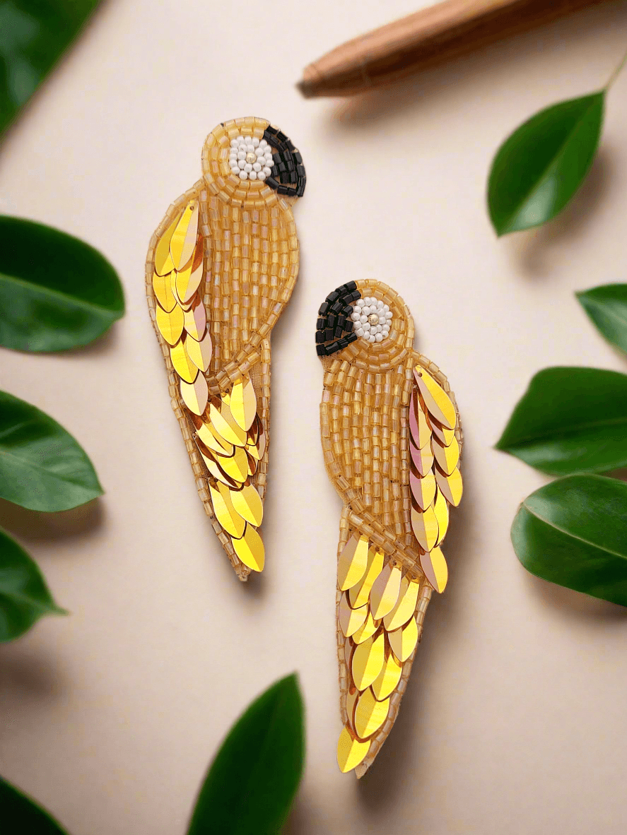 Golden Parrot Beaded and Sequined Earrings - Mirae 