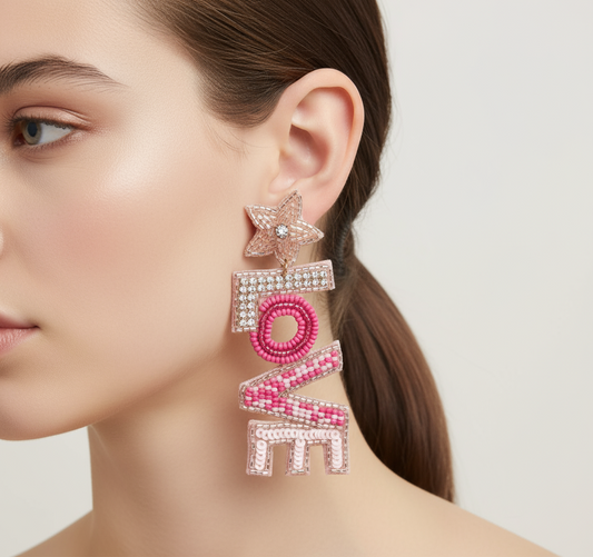 "LOVE" Star Beaded Dangle Earrings.
