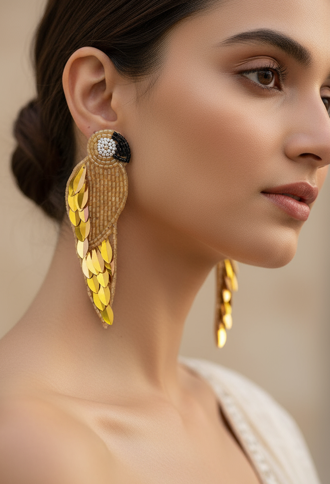 Golden Parrot Beaded and Sequined Earrings