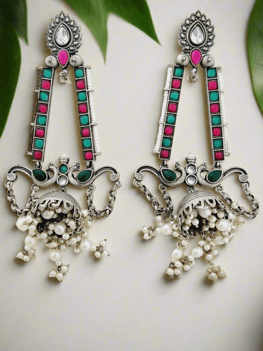 Oxidized Silver Jhumka Earrings with Enamel and Pearl Drops - Mirae 