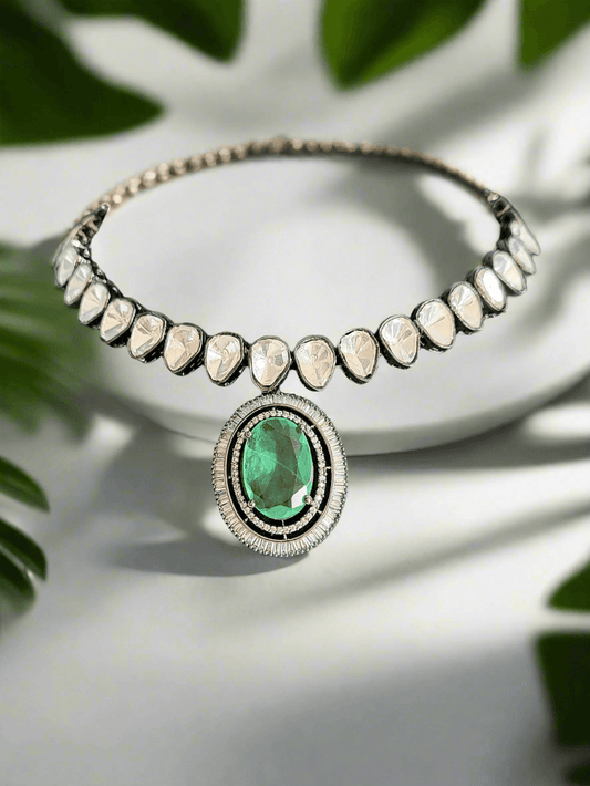 BLACK POLISH KUNDAN AND DIAMOND CHOKER SET WITH GREEN STONE - Mirae 