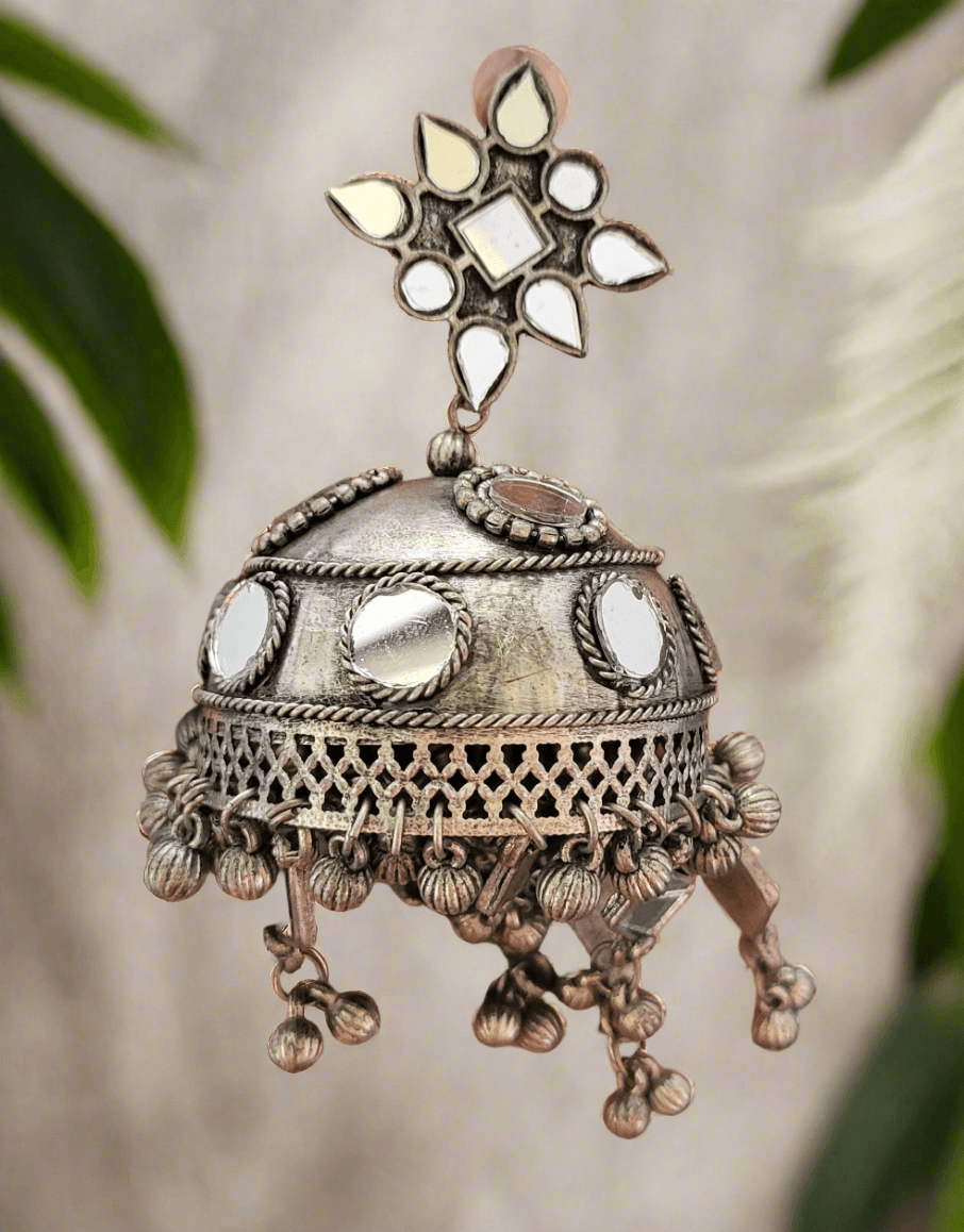 Oxidized extra large Jhumkha with mirror detail earrings - Mirae 