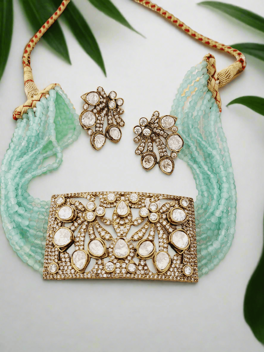 Regal Victorian Design Rectangular Choker Set with Mint Bead Strand - Mirae 