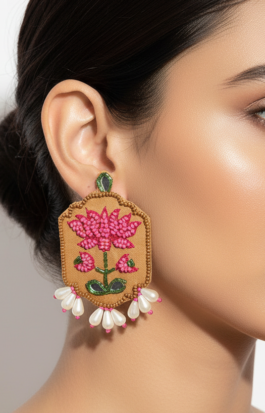 Lotus Motif Embroidery Earrings with Pearl Drops