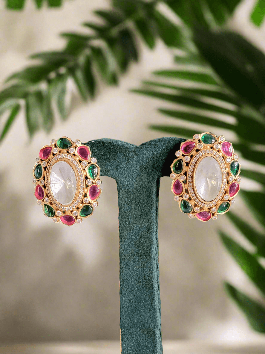 MOISSANITE KUNDAN CRYSTAL GREEN & RED OVAL STUDS - Mirae 