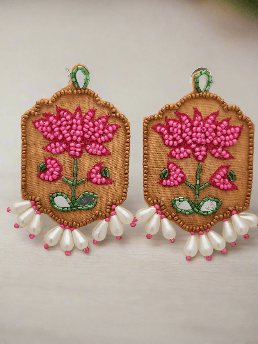 Lotus Motif Embroidery Earrings with Pearl Drops - Mirae 