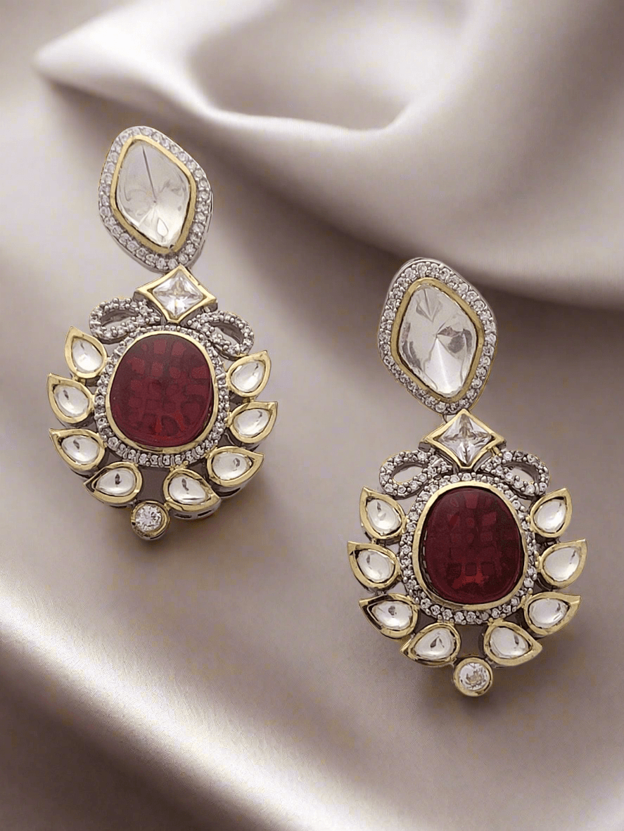 ANTIQUE GOLD PLATED WITH RED CRYSTAL STUDDED DROP EARRINGS - Mirae 