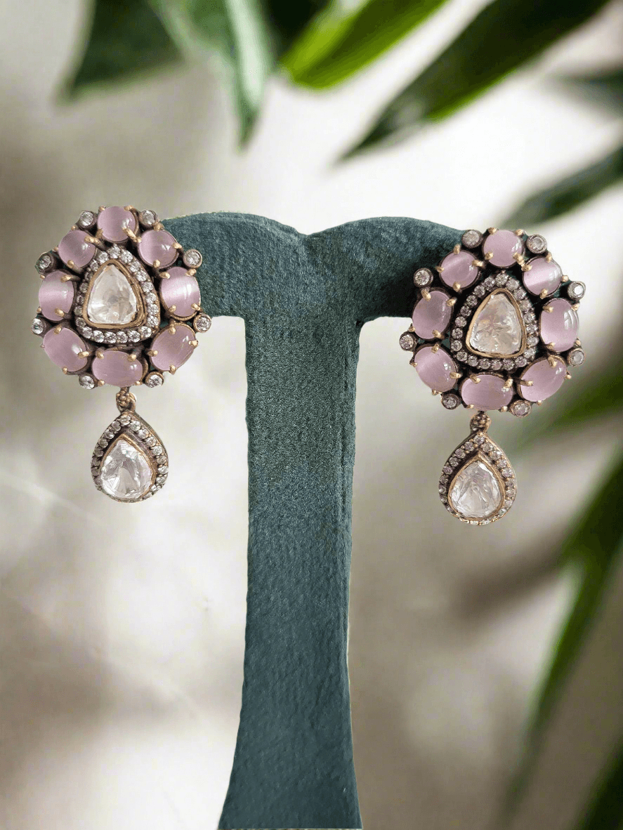 Blush Pink Stone and Polki Accent Drop Earrings - Mirae 