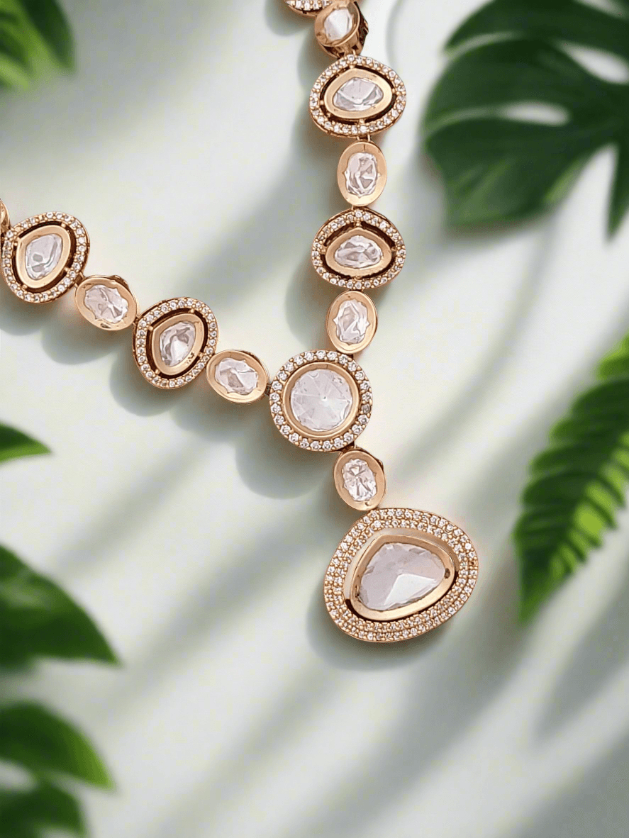 Rose Gold Plated Reverse Kundan Necklace Set - Mirae 