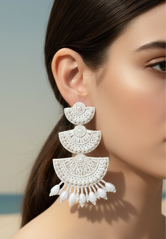Off-White Beaded and Sequined Layered Chandbali Earrings