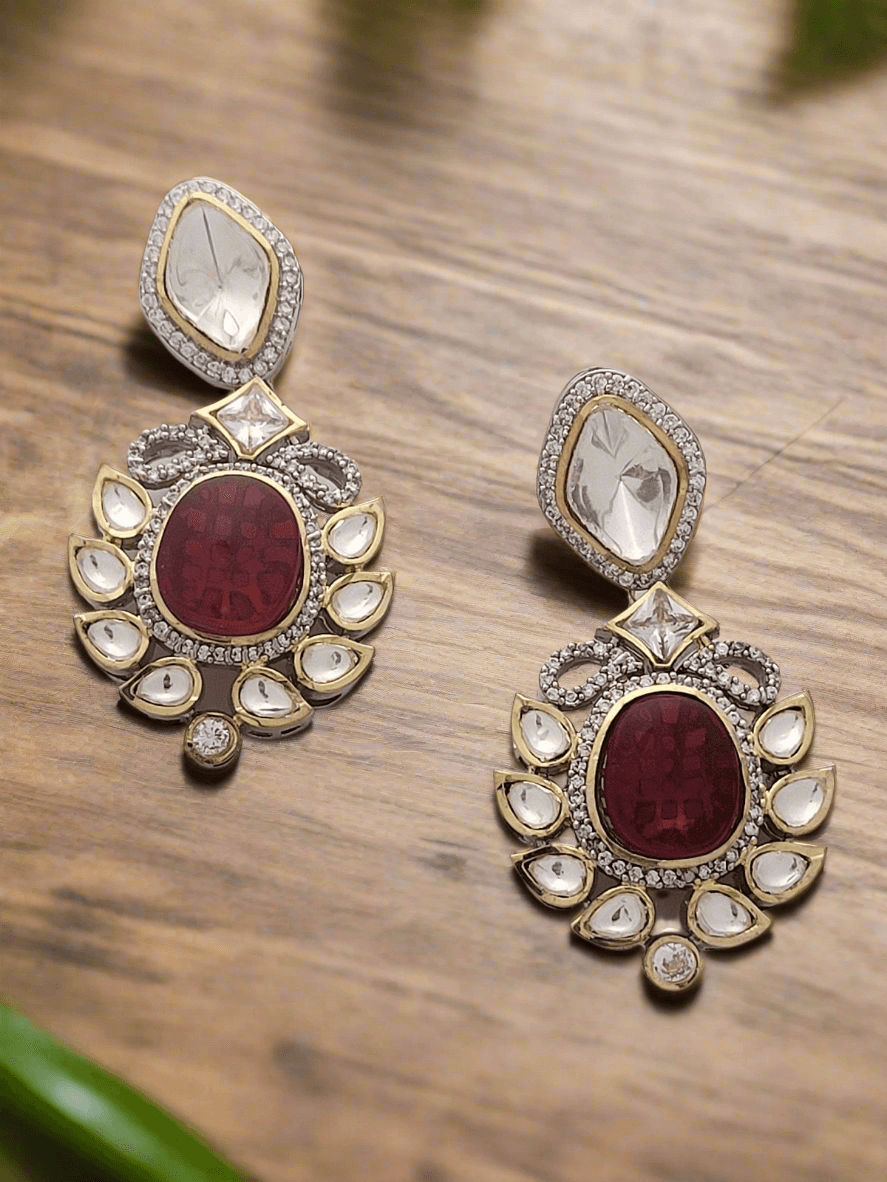 ANTIQUE GOLD PLATED WITH RED CRYSTAL STUDDED DROP EARRINGS - Mirae 