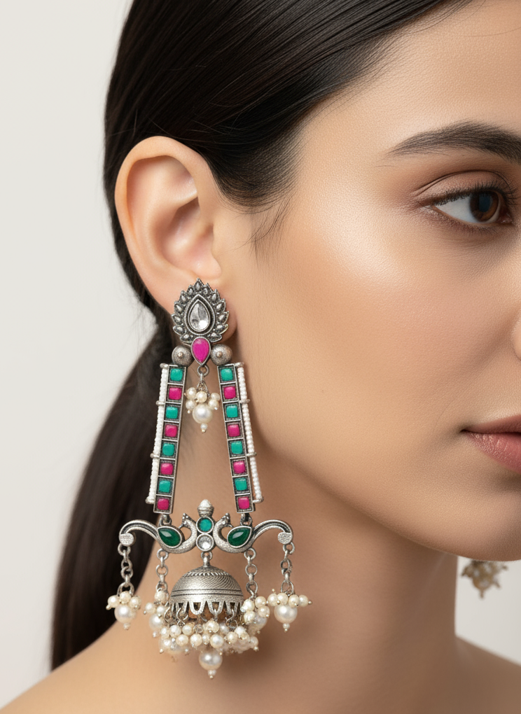 Oxidized Silver Jhumka Earrings with Enamel and Pearl Drops