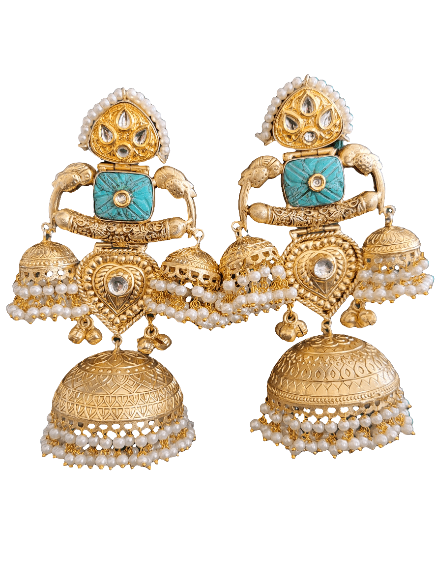 Gold-Toned Big Dome Jhumka Earrings with Turquoise Accents and Pearl Drops. - Mirae 